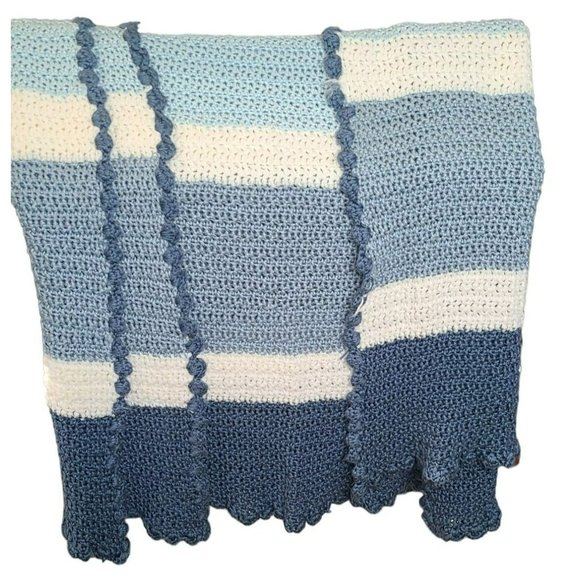 Handmade Knit Throw Blanket 110" x 48" Blue White Striped Scallop Edge - Picture 1 of 5